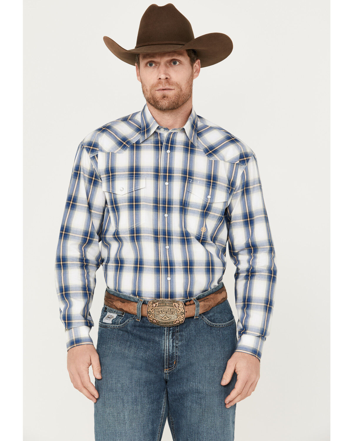 Image #1 - Roper Men's Amarillo Plaid Print Long Sleeve Western Pearl Snap Shirt, Blue, hi-res