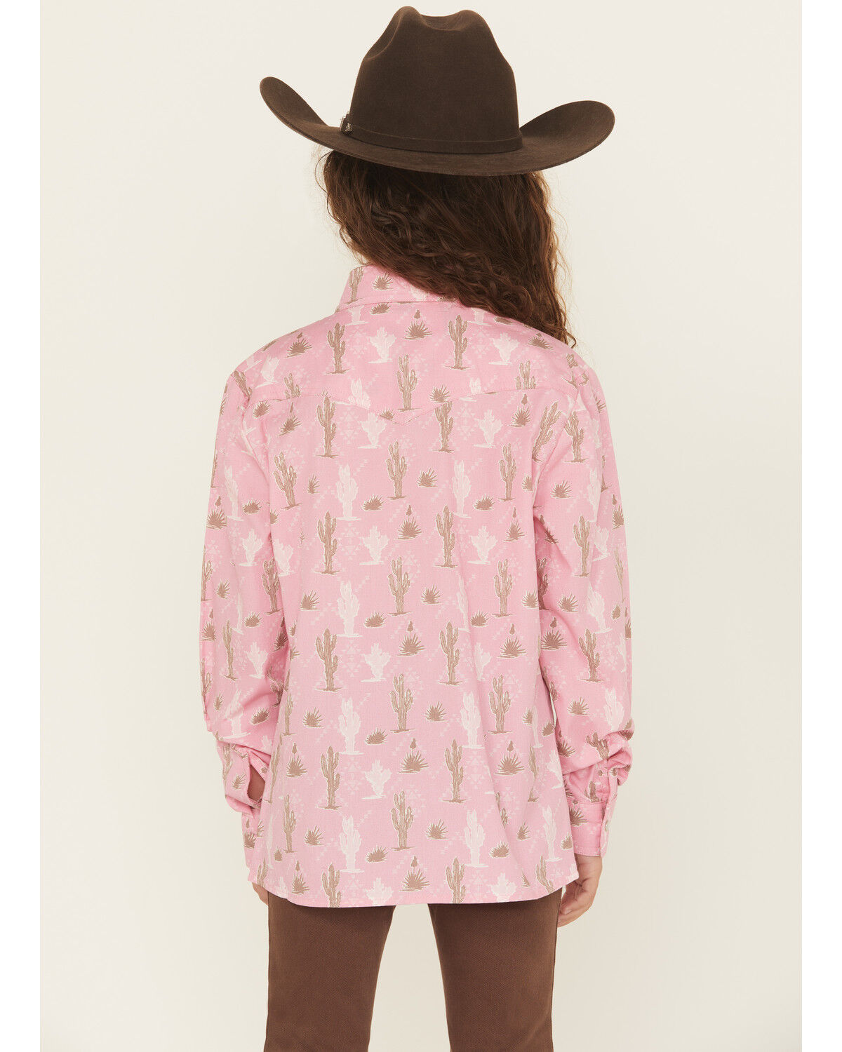 Image #4 - Panhandle Girls Cactus Print Long Sleeve Snap Western Shirt, Pink, hi-res
