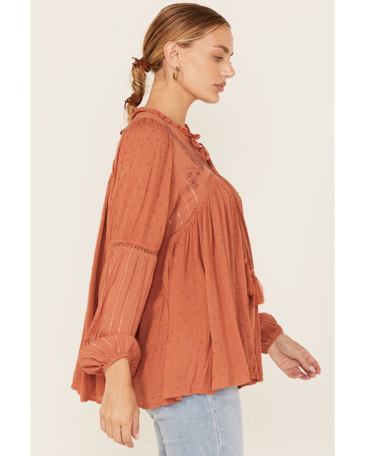 Image #2 - Miss Me Women's Embroidered Long Sleeve Blouse, Brick Red, hi-res