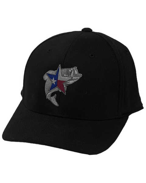 Oil Field Hats Men's Black On Black Texas Flag Bass Embroidered Ball Cap , Black, hi-res