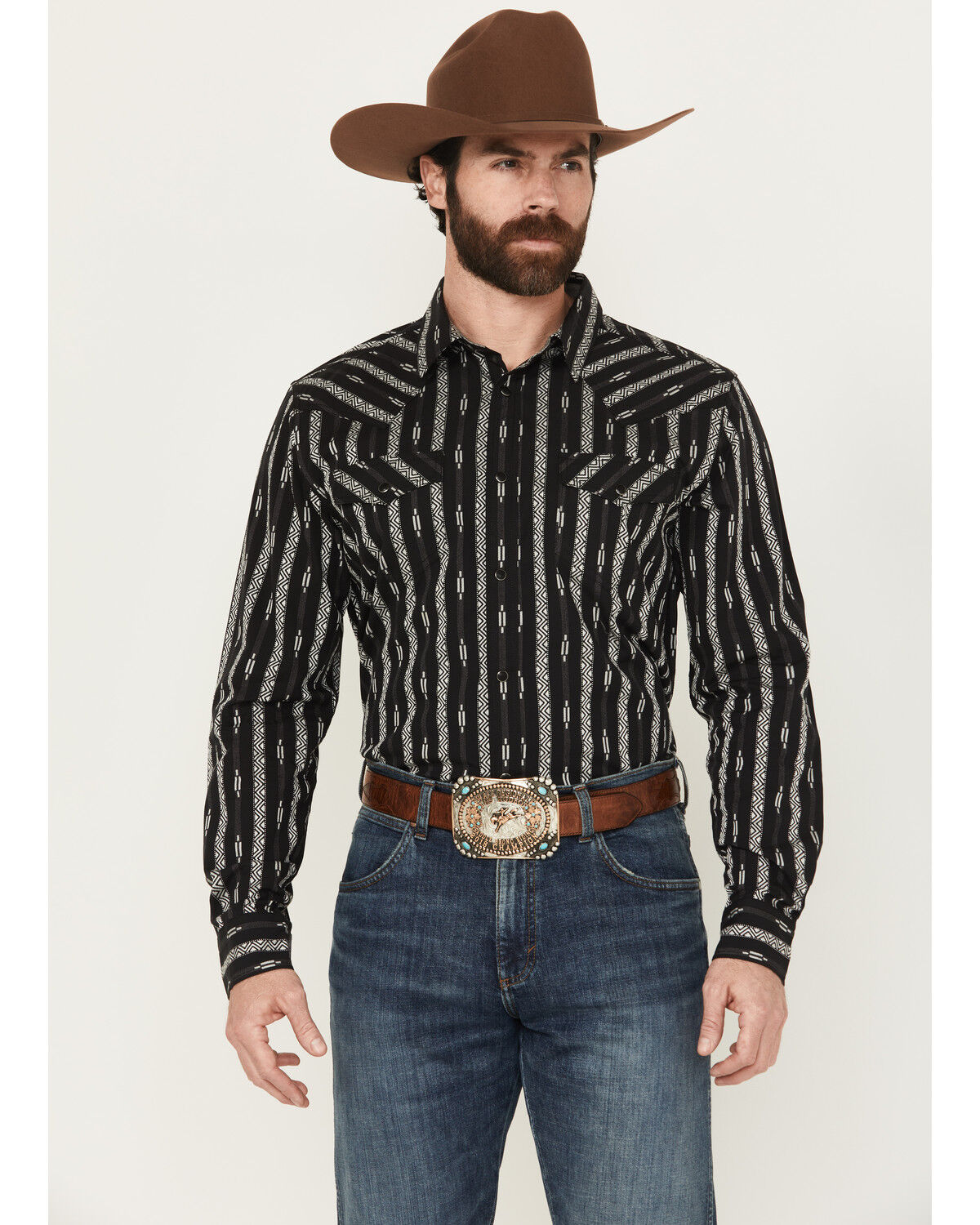 Image #1 - Cody James Men's Range Rover Ready Striped Long Sleeve Snap Western Shirt, Black, hi-res