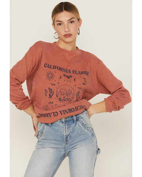 Cleo + Wolf Women's California Classic Graphic Thermal Pullover Sweatshirt, Brick Red, hi-res