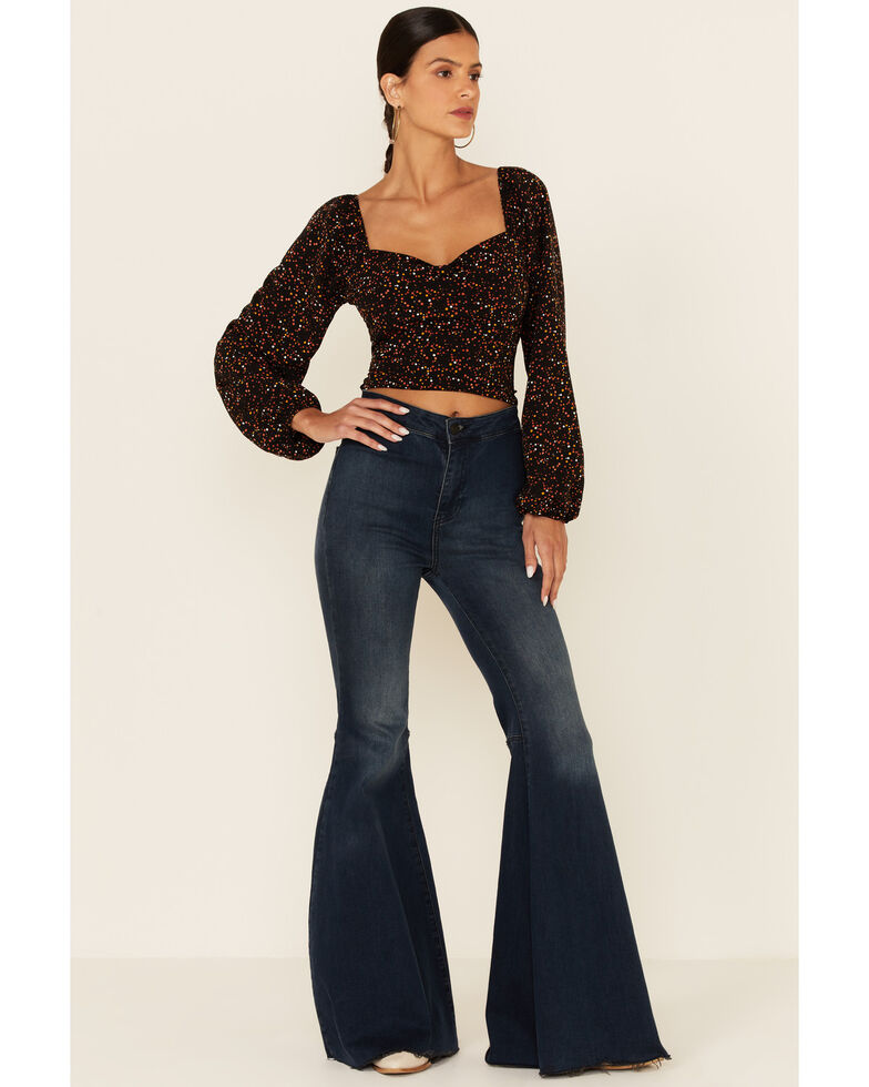 Luna Chix Women S Black Polka Dot Long Sleeve Crop Peasant Top Country Outfitter
