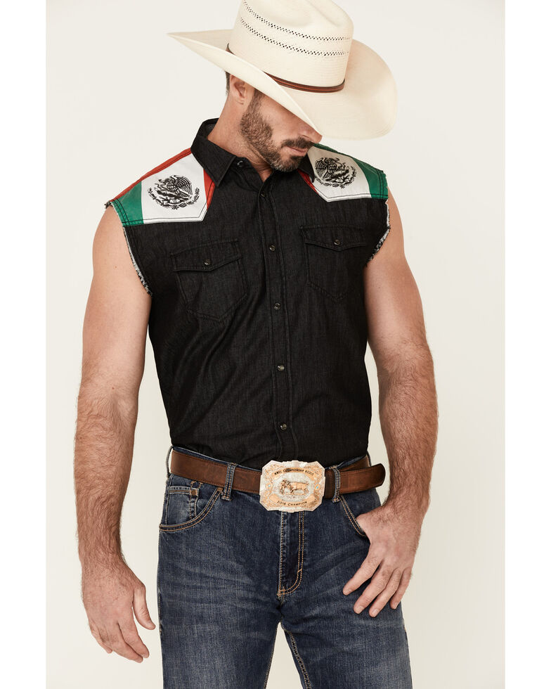 Cody James Men's Mexico Flag Bubba Sleeveless Snap Western Shirt , Black, hi-res