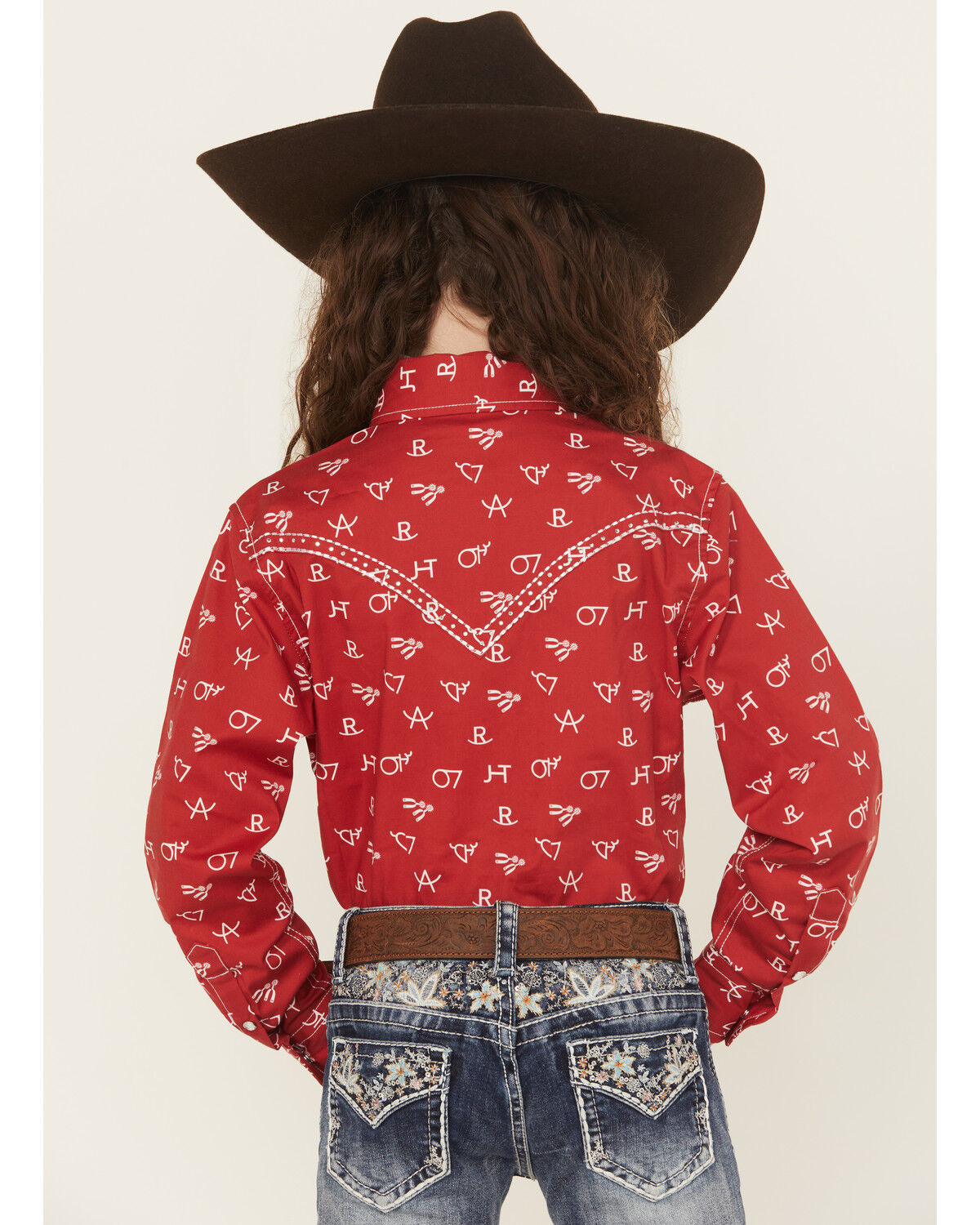 Image #4 - Cowgirl Hardware Girls' Brand Iron Print Long Sleeve Snap Stretch Western Shirt, Red, hi-res