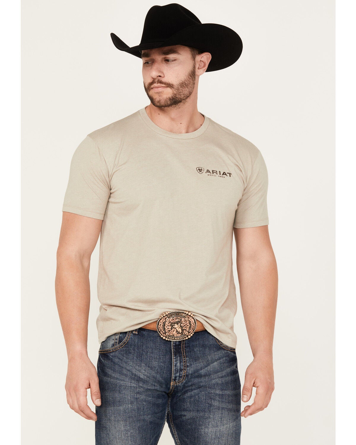 Ariat Men's Boot Barn Exclusive Zuni Flag Logo Short Sleeve Graphic T-Shirt, Tan, hi-res