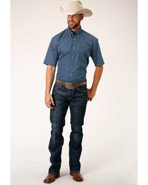 Image #2 - Amarillo Men's Diamond Fluer Foulard Geo Print Short Sleeve Western Shirt , Blue, hi-res