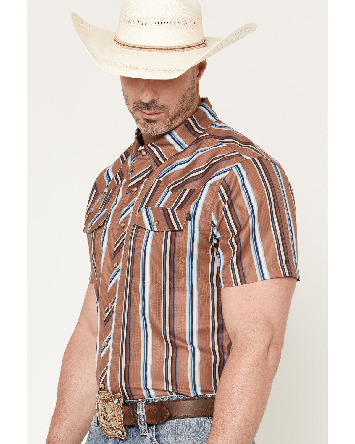 Image #2 - Rock & Roll Denim TEK Striped Short Sleeve Snap Performance Western Shirt, Camel, hi-res