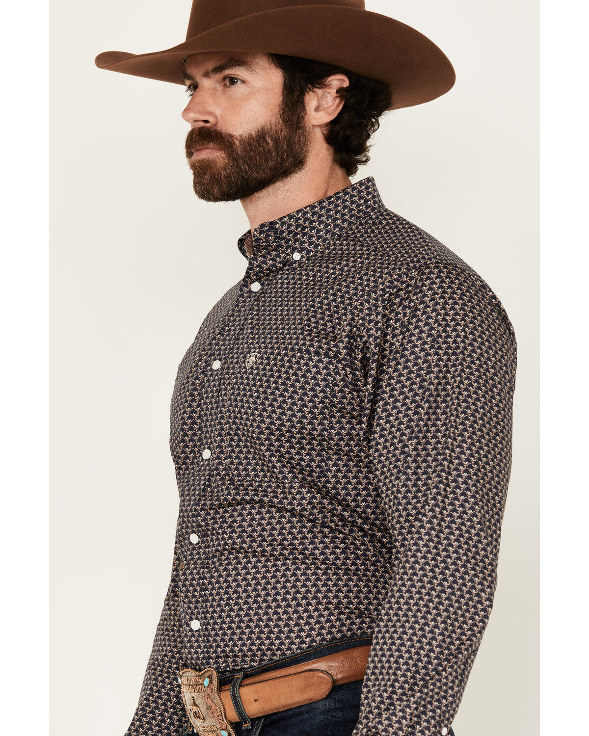 Image #2 - Ariat Men's Wrinkle Free Fields Printed Long Sleeve Button-Down Western Shirt, Navy, hi-res