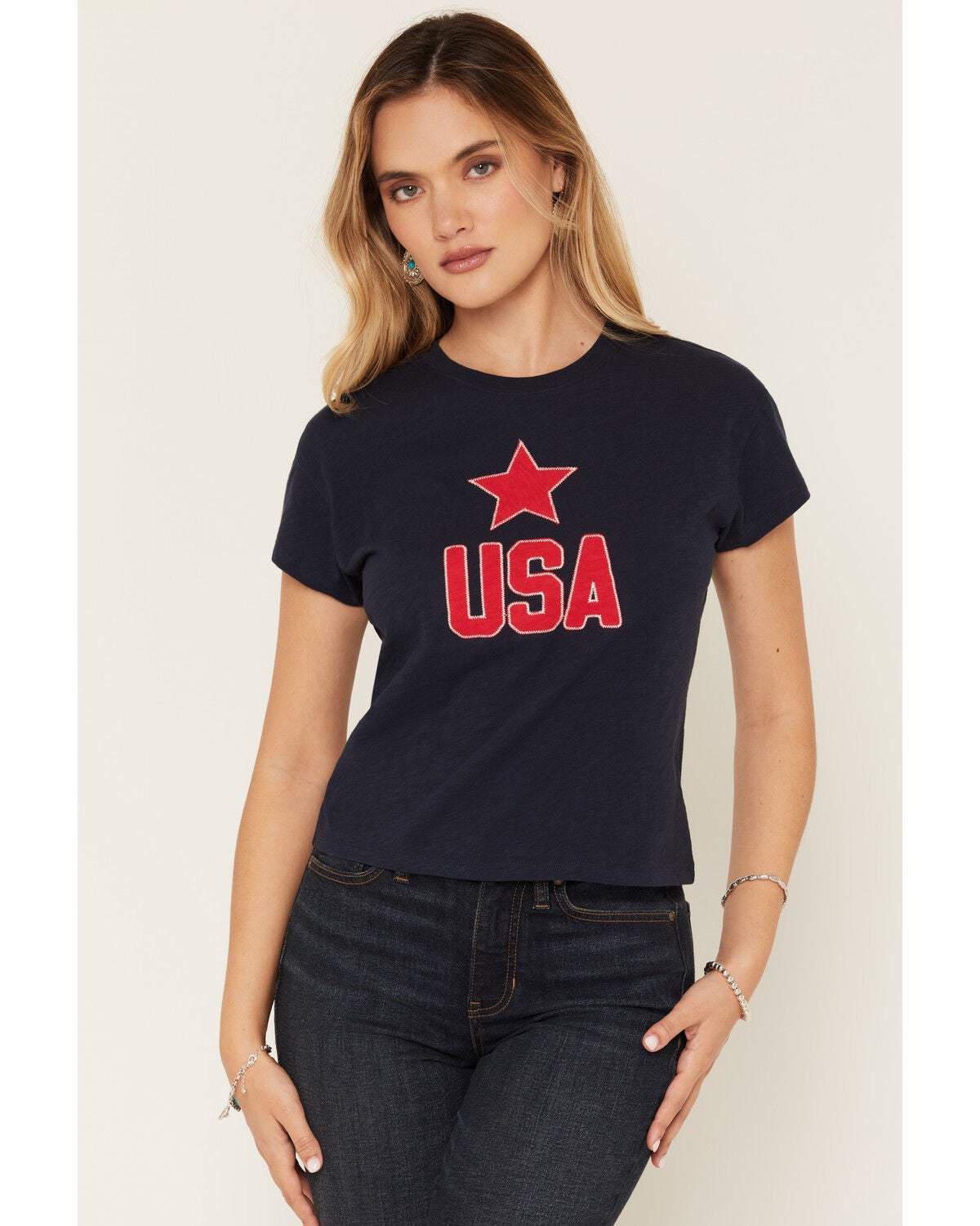 Image #1 - White Crow Women's USA Short Sleeve Graphic Tee, Navy, hi-res