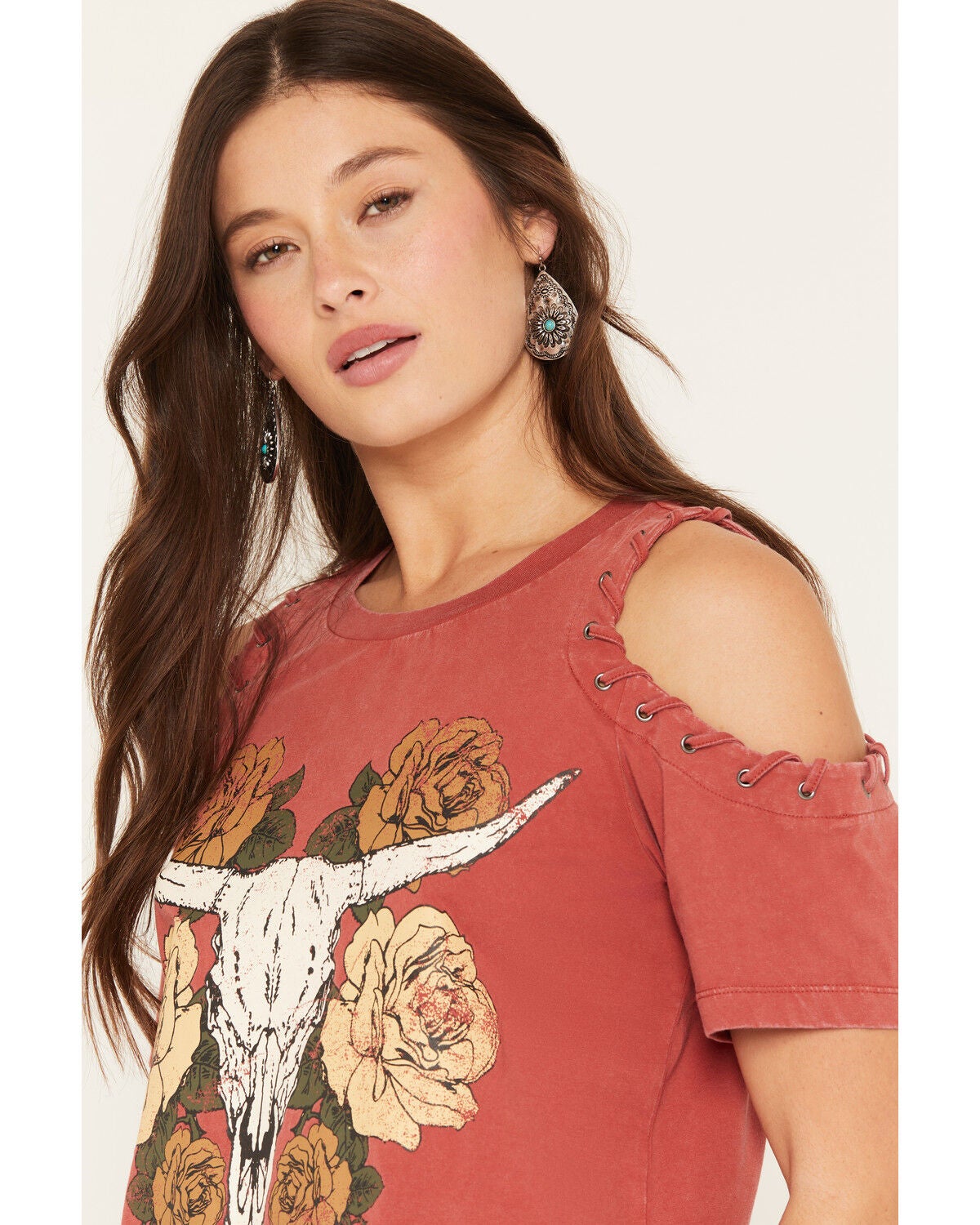 Image #2 - Shyanne Women's Steer Head Cold Shoulder Short Sleeve Graphic Tee, Chilli, hi-res