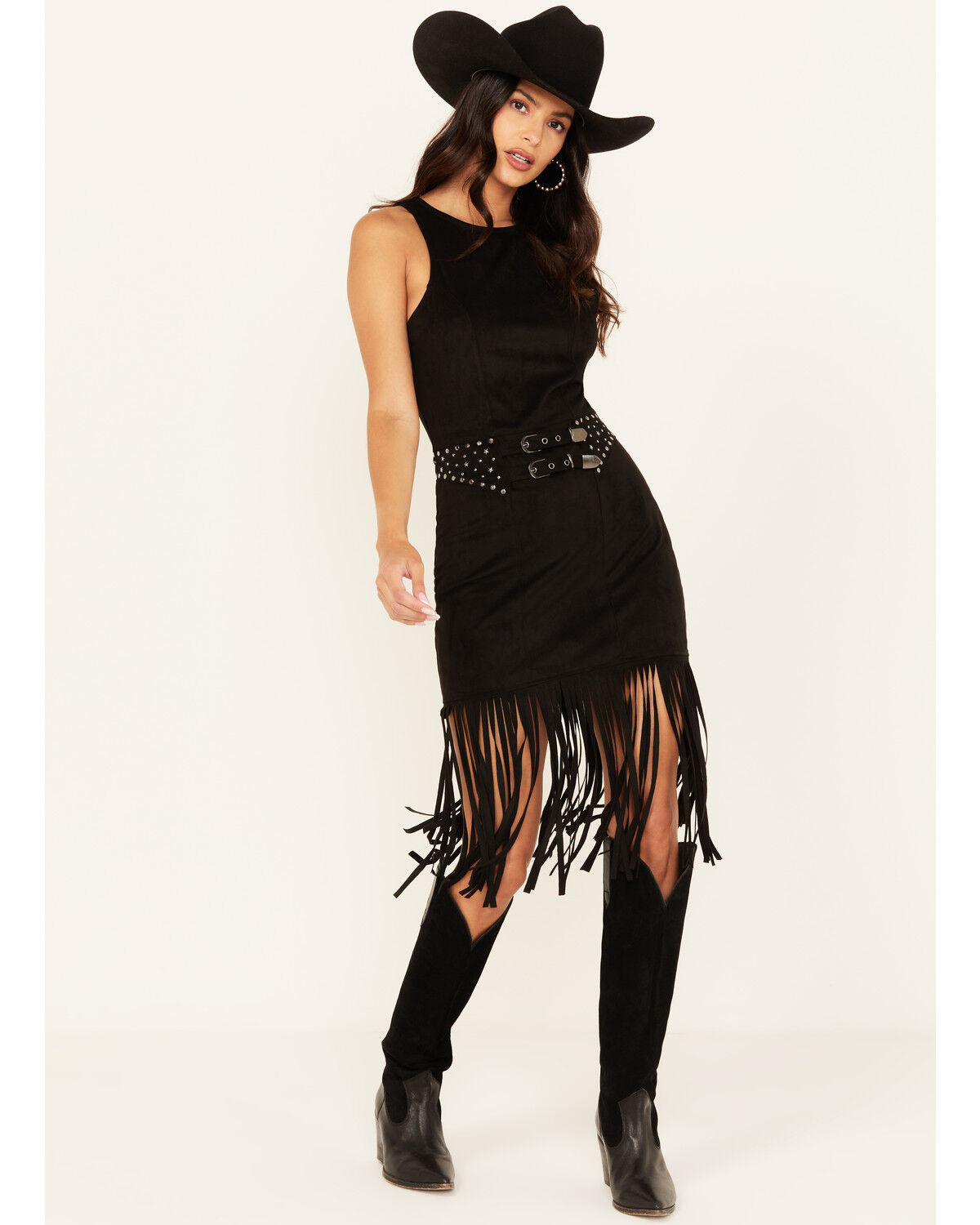 Image #1 - Rock & Roll Denim Women's Faux Suede Fringe Belted Mini Dress, , hi-res
