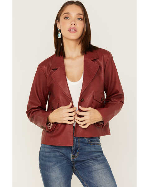 Mystree Women's Faux Leather Blazer Jacket, Red, hi-res