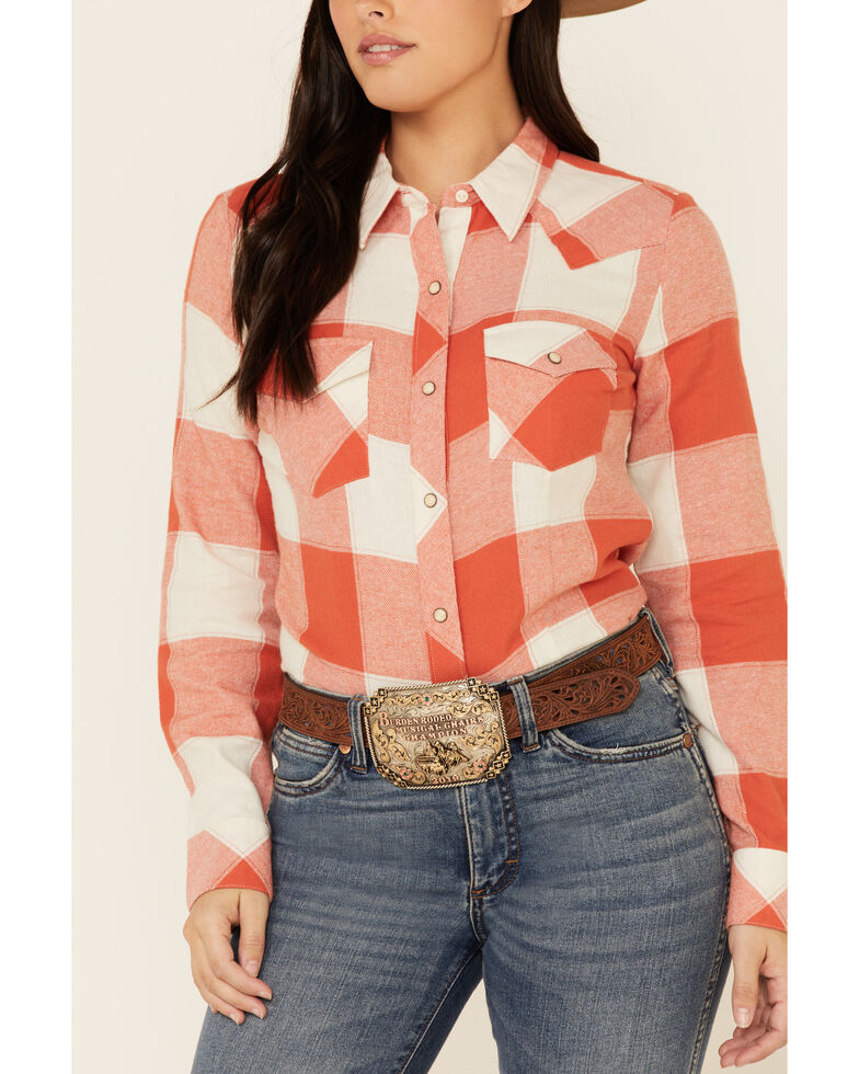 Wrangler Women's Coral Plaid Snap Long Sleeve Western Core Shirt , Coral, hi-res