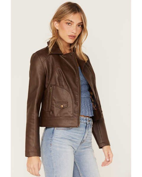 Image #2 - Cleo + Wolf Women's Faux Leather Moto Jacket, Brown, hi-res