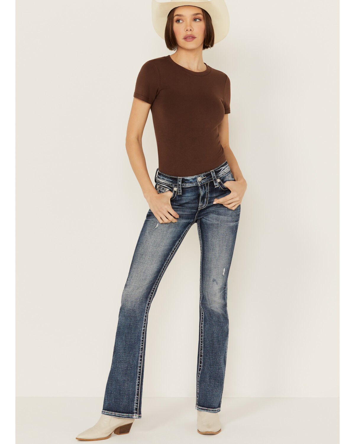 Image #3 - Miss Me Women's Dark Wash Embellished Flap Pocket Mid Rise Bootcut Stretch Denim Jeans, , hi-res