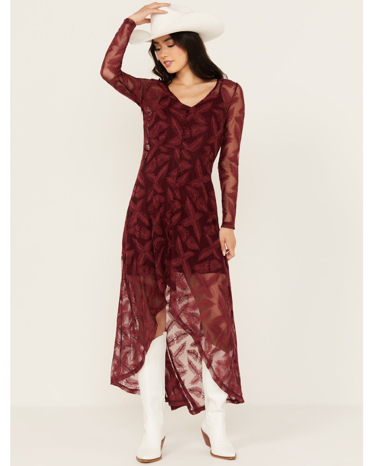 Image #2 - Shyanne Women's Lace Long Sleeve Maxi Dress, Maroon, hi-res