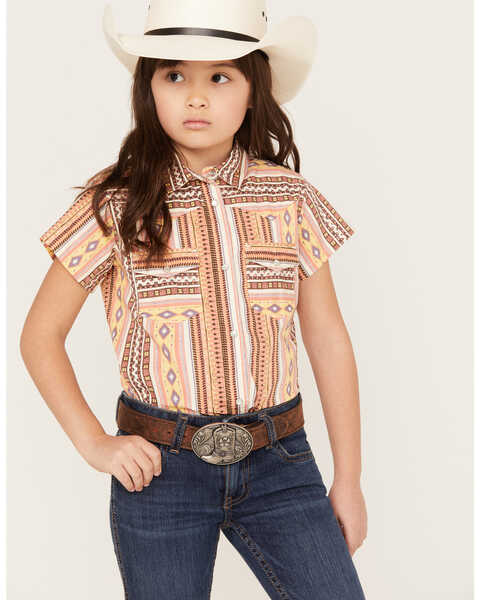 Shyanne Girls' Short Sleeve Southwestern Print Pearl Snap Shirt, Blush, hi-res