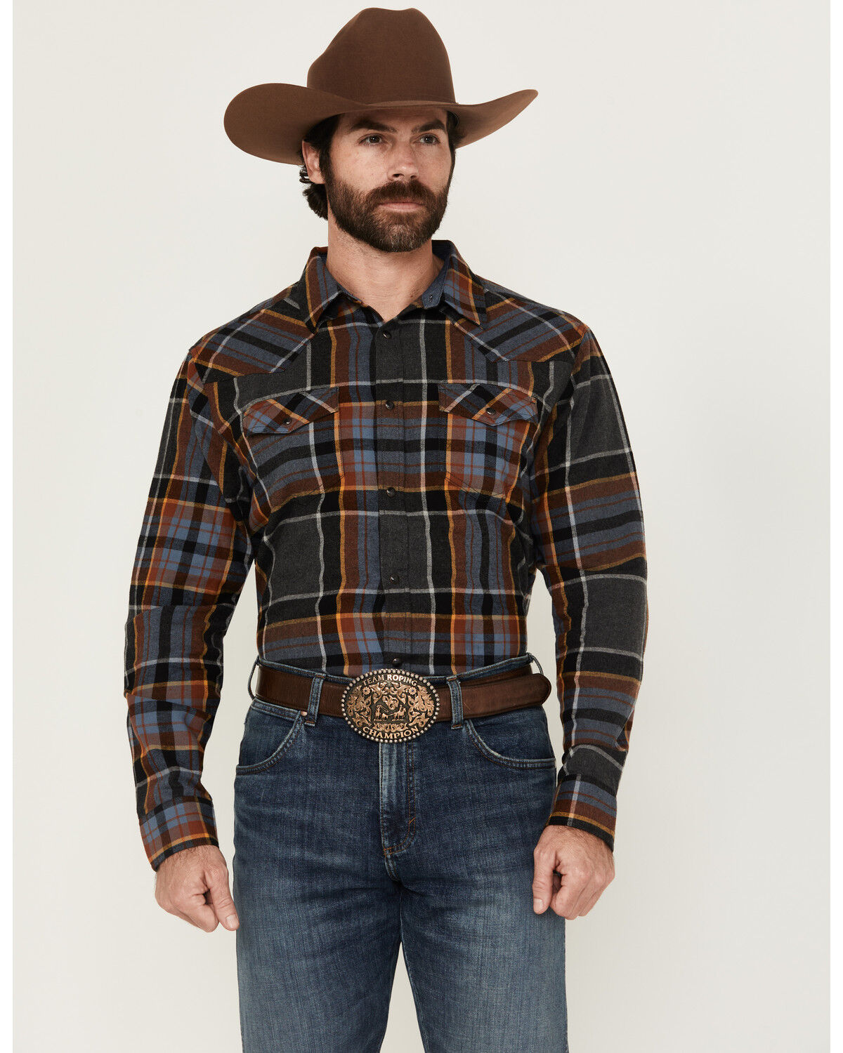 Image #1 - Cody James Men's Lawton Plaid Print Long Sleeve Snap Western Shirt, Grey, hi-res