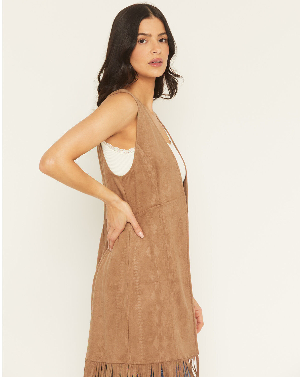 Image #2 - Shyanne Women's Embossed Southwestern Print Fringe Faux Suede Vest, Coffee, hi-res