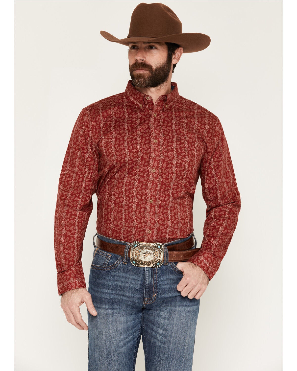 Image #1 - Cody James Men's Ol Hickory Floral Stripe Print Long Sleeve Button-Down Stretch Western Shirt - Big, Red, hi-res