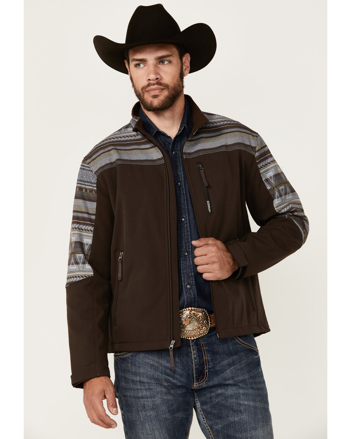 Image #1 - Hooey Men's Serape Striped Print Color Block Softshell Jacket, Brown, hi-res