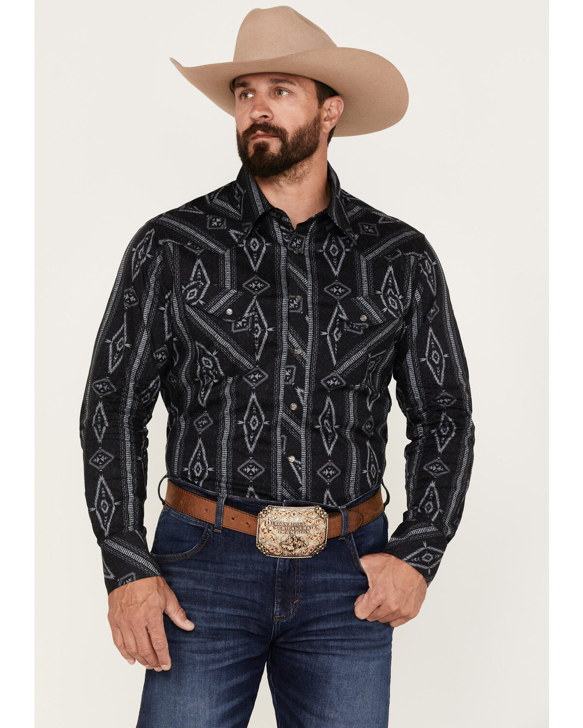 Image #1 - Rock & Roll Denim Men's Southwestern Stretch Long Sleeve Snap Shirt, Charcoal, hi-res