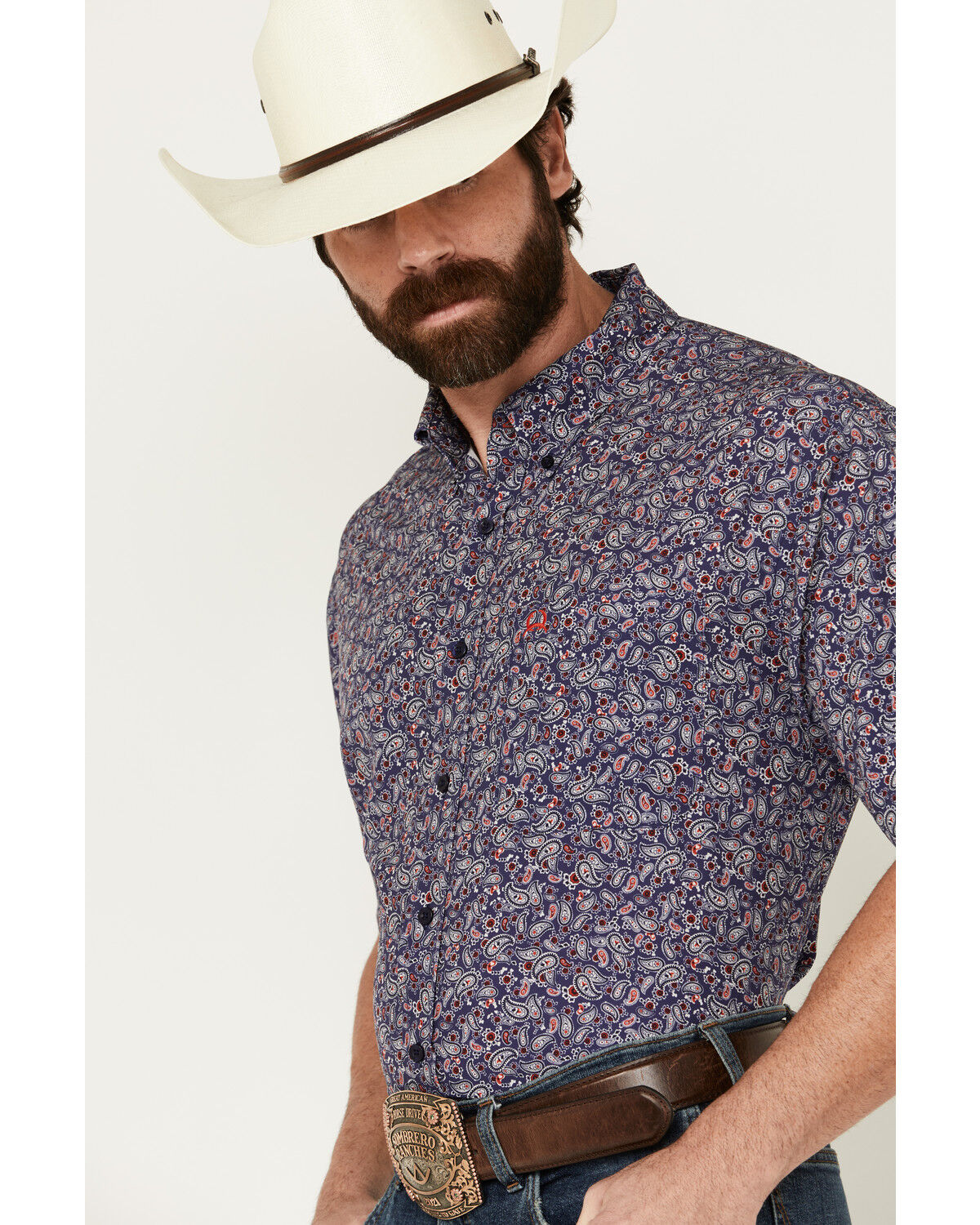 Image #2 - Cinch Men's ARENAFLEX® Paisley Print Short Sleeve Button-Down Stretch Performance Shirt, Dark Blue, hi-res