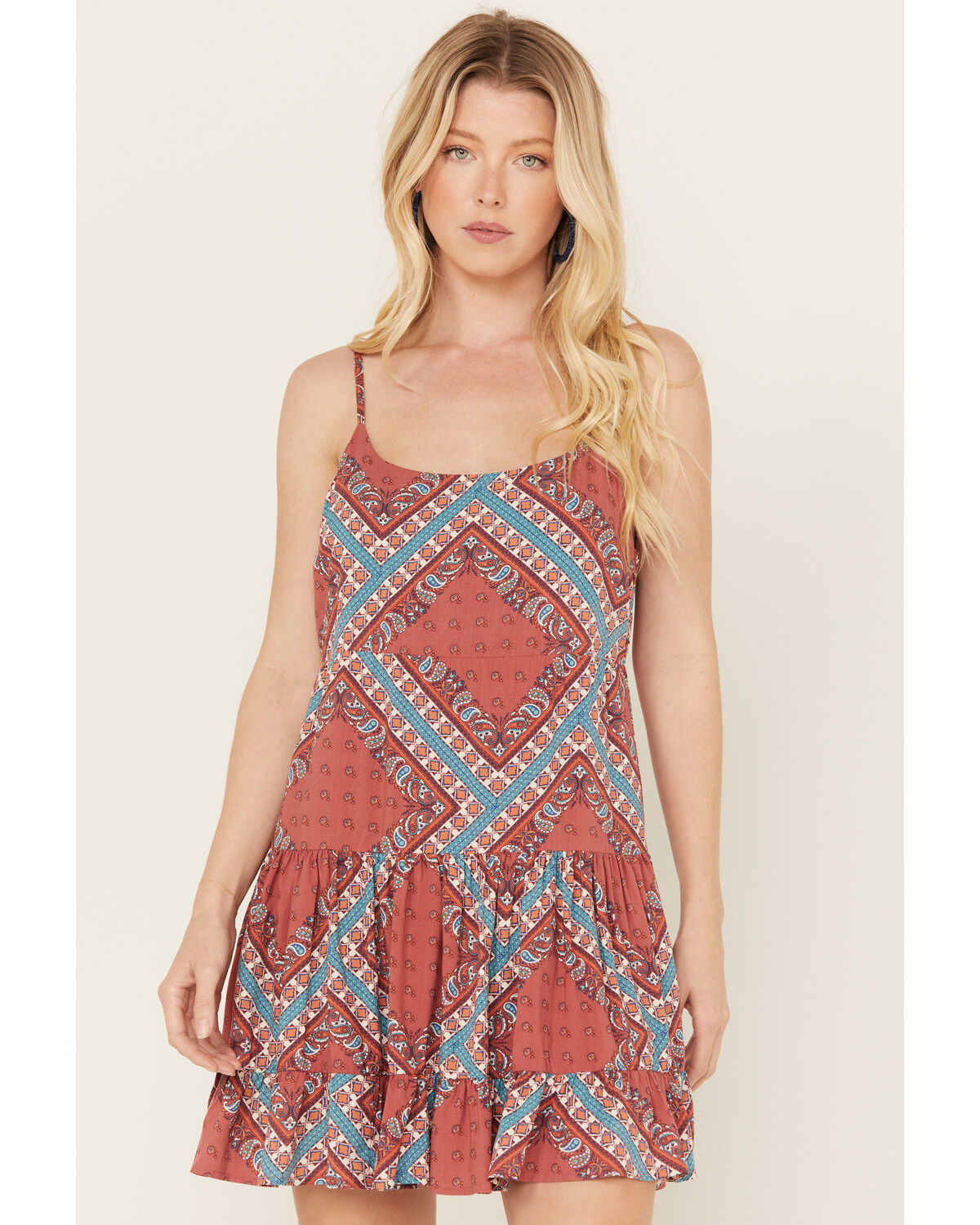 Image #2 - Rock & Roll Denim Women's Bandana Print Tiered Sleeveless Mini Dress, Red, hi-res
