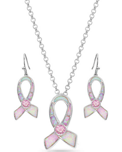 Montana Silversmiths Women's Pink Opal Ribbon Jewelry Set, Silver, hi-res
