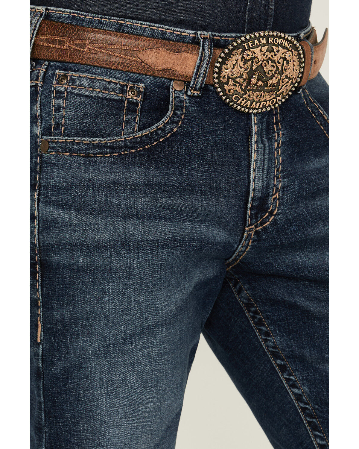 Image #2 - Rock 47 by Wrangler Men's Cowboy Hat Dark Wash Slim Bootcut Stretch Denim Jeans, Dark Medium Wash, hi-res