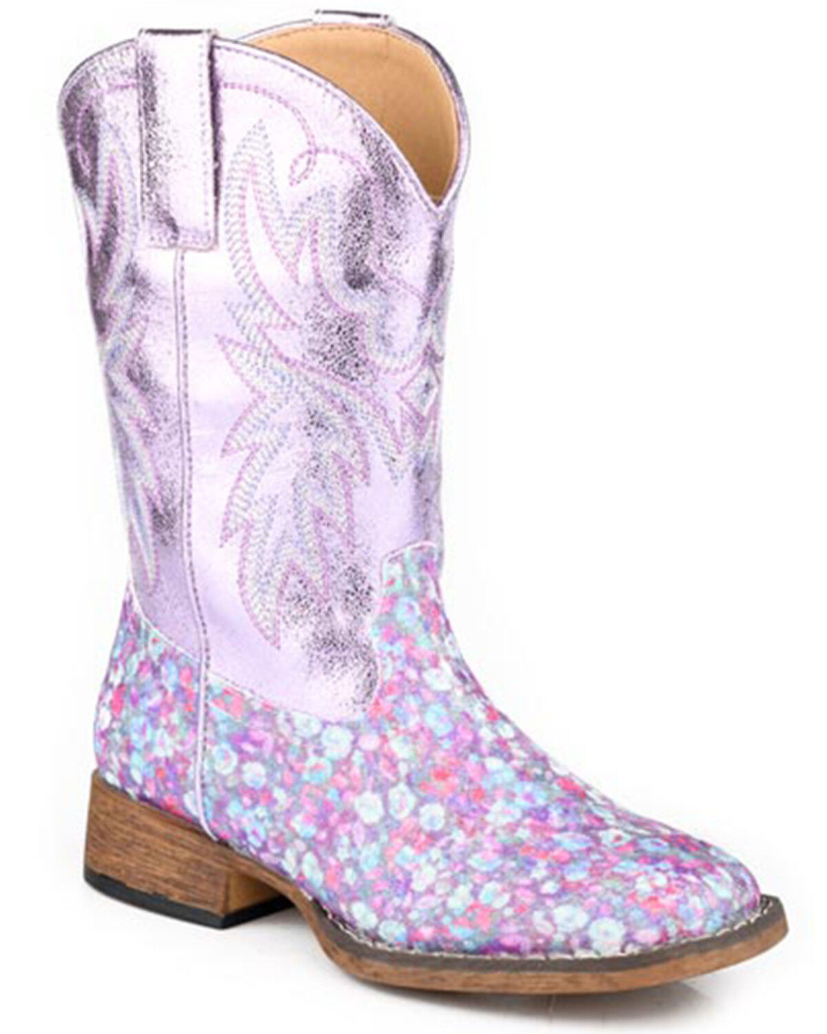 Image #1 - Roper Girls' Glitter Bloom Western Boots - Broad Square Toe, Purple, hi-res