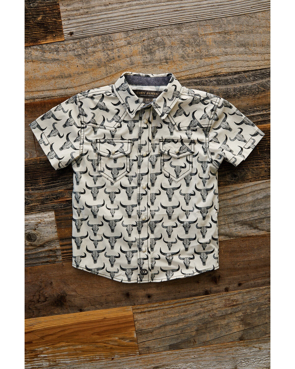 Image #1 - Cody James Toddler Boys' Toro Steerhead Print Short Sleeve Snap Western Shirt, Tan, hi-res