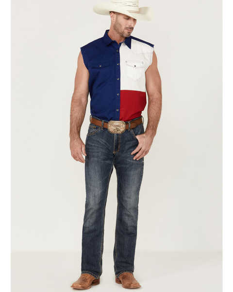Cody James Men's Texas Flag Bubba Sleeveless Snap Western Shirt , Red/white/blue, hi-res