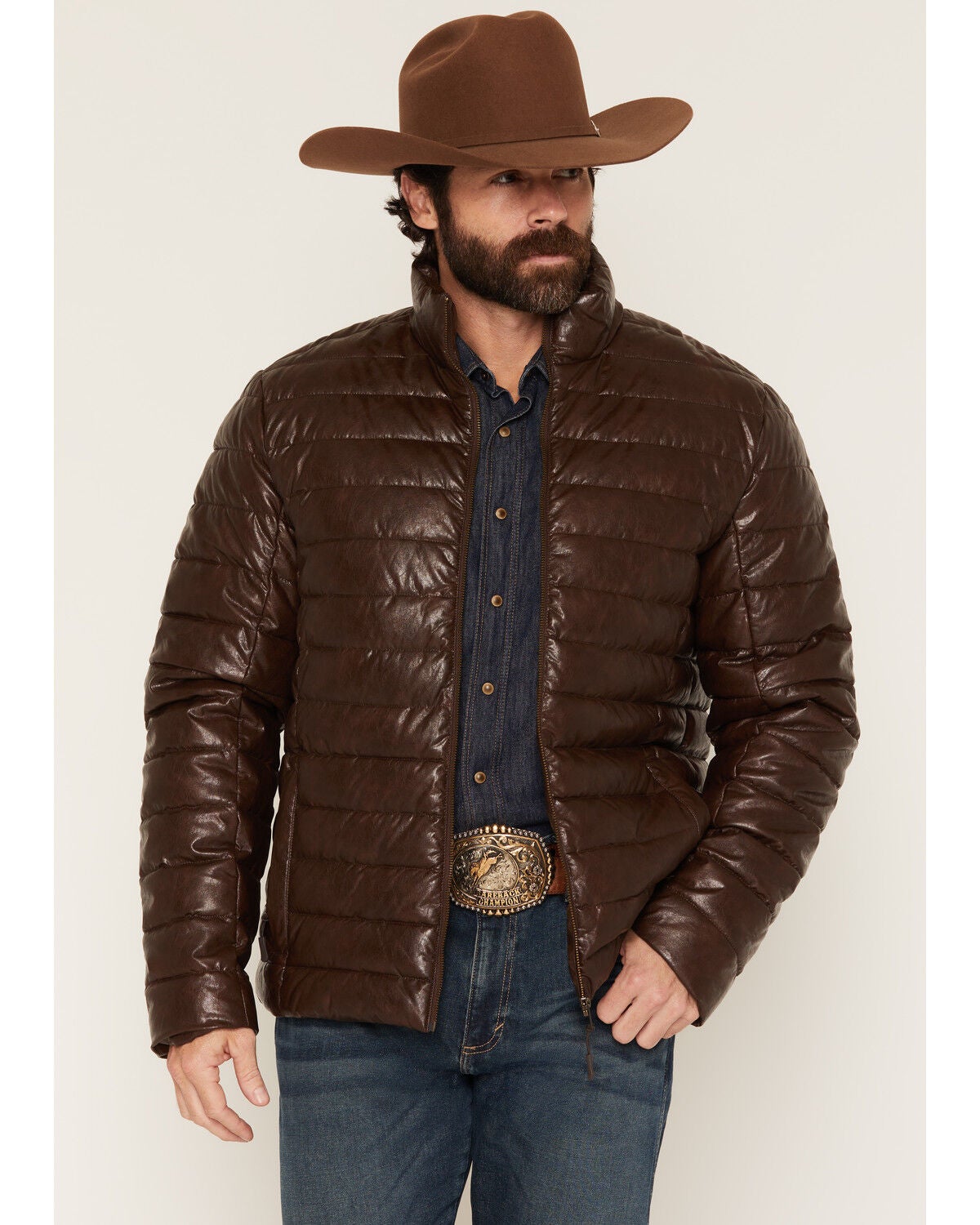 Panhandle Slim Men's Faux Leather Puffer Jacket, Chocolate, hi-res