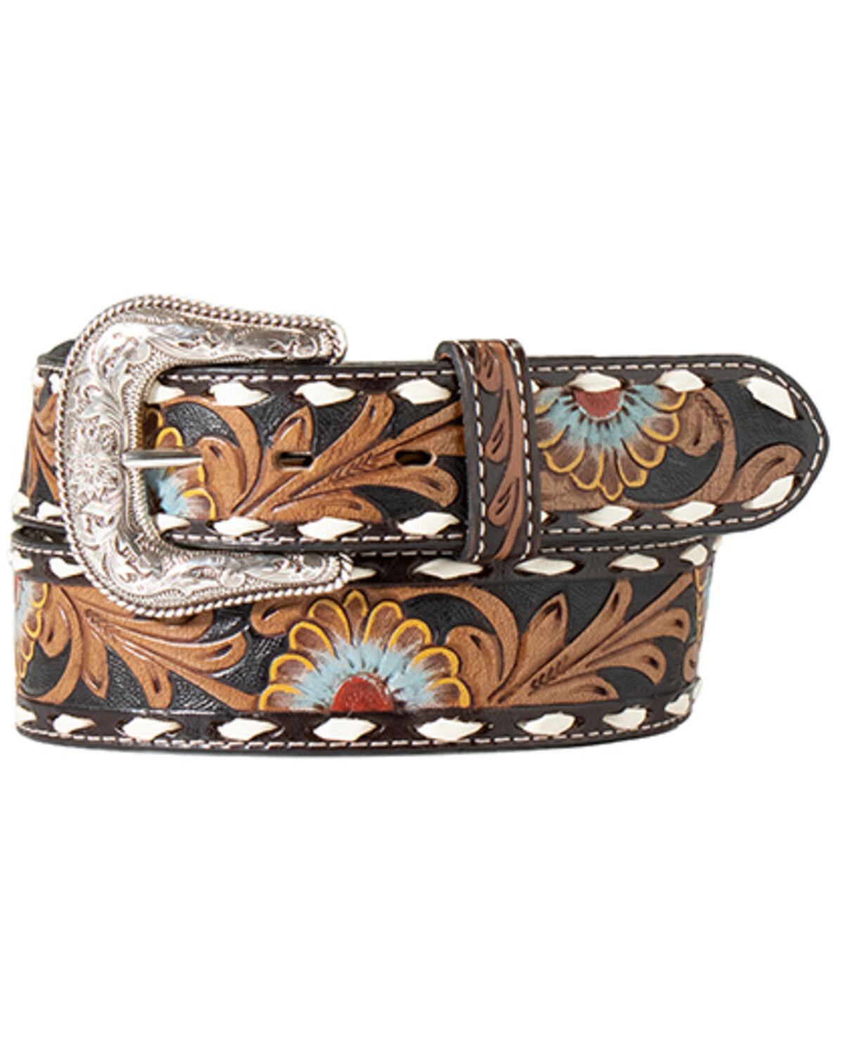 Image #1 - M & F Western Floral Leather Belt, Black, hi-res