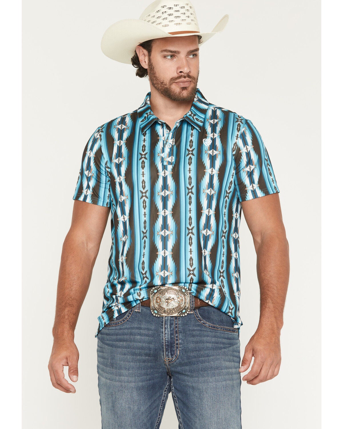 Rock & Roll Denim Men's Southwestern Stripe Short Sleeve Button-Down Stretch Polo Shirt, Teal, hi-res