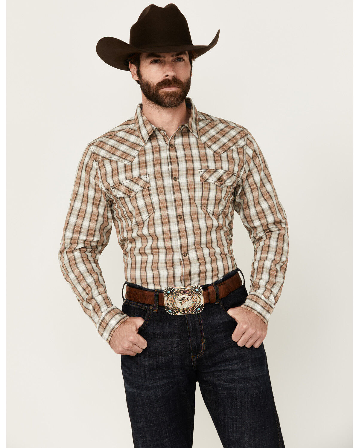 Image #2 - Cody James Men's Last Hurdle Plaid Print Long Sleeve Button-Down Stretch Western Shirt, Ivory, hi-res