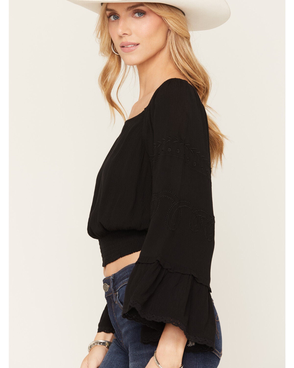 Image #2 - Shyanne Women's Pearl 3/4 Sleeve Smocked Waist Top, Black, hi-res