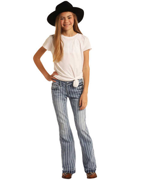 Image #5 - Rock & Roll Denim Girls' Striped Trouser Jeans  , Blue, hi-res