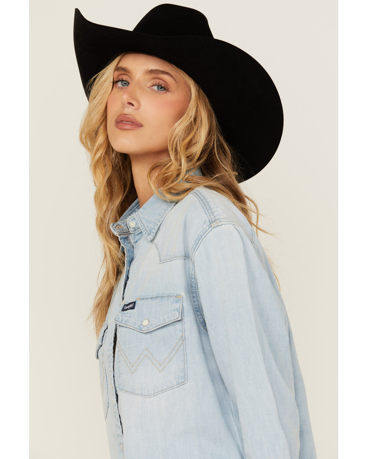 Image #2 - Wrangler Retro Women's Long Sleeve Snap Denim Cropped Western Shirt, Blue, hi-res