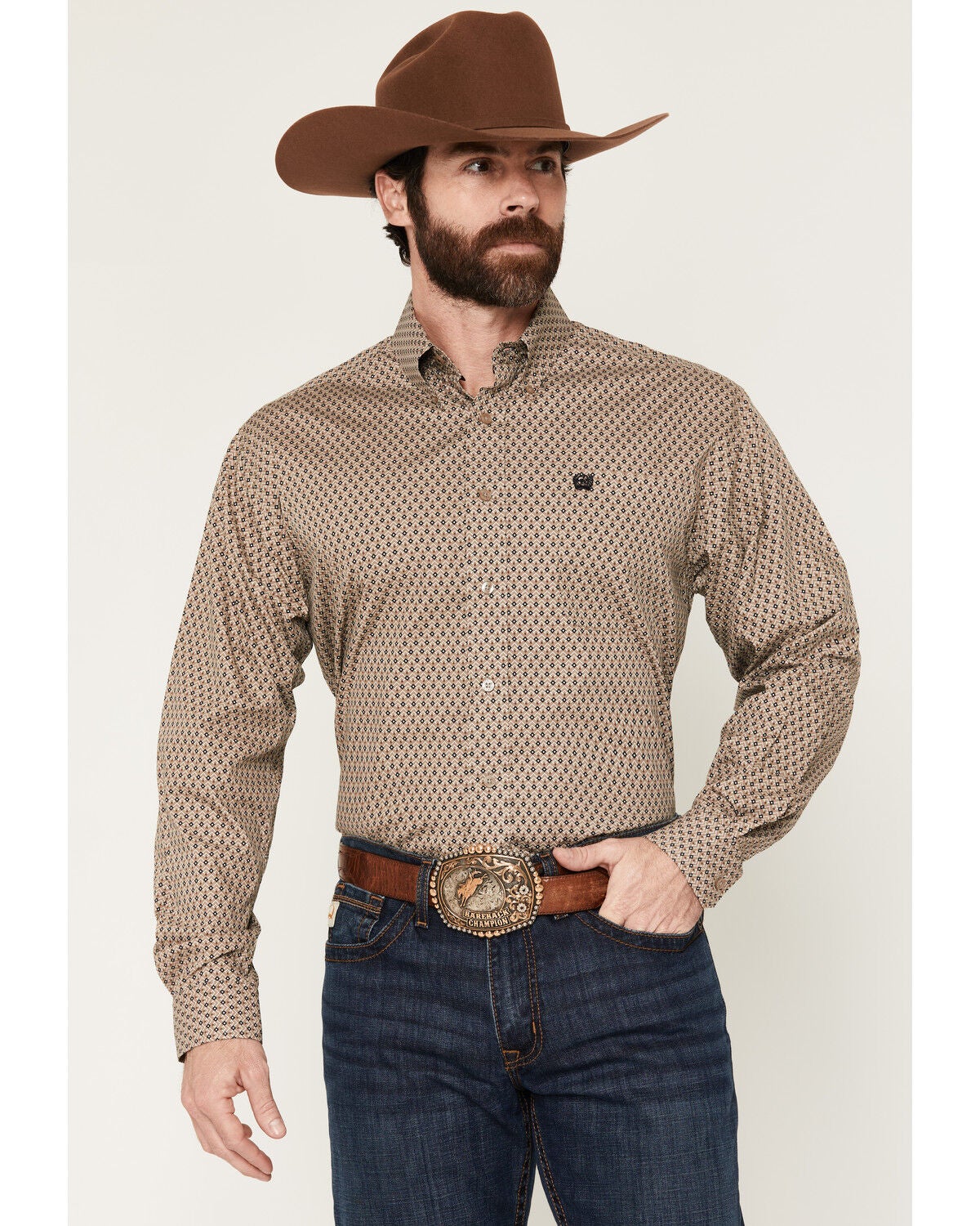 Cinch Men's Geo Print Long Sleeve Button-Down Western Shirt, Khaki, hi-res