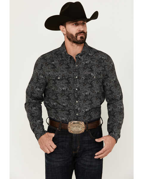 Panhandle Men's Paisley Print Long Sleeve Snap Performance Western Shirt , Charcoal, hi-res