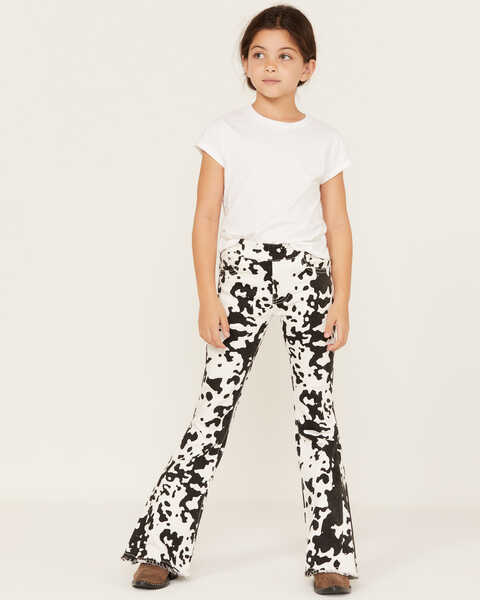 Saint & Hearts Girls' Cow Print Pull On Flare Pants, Black/white, hi-res