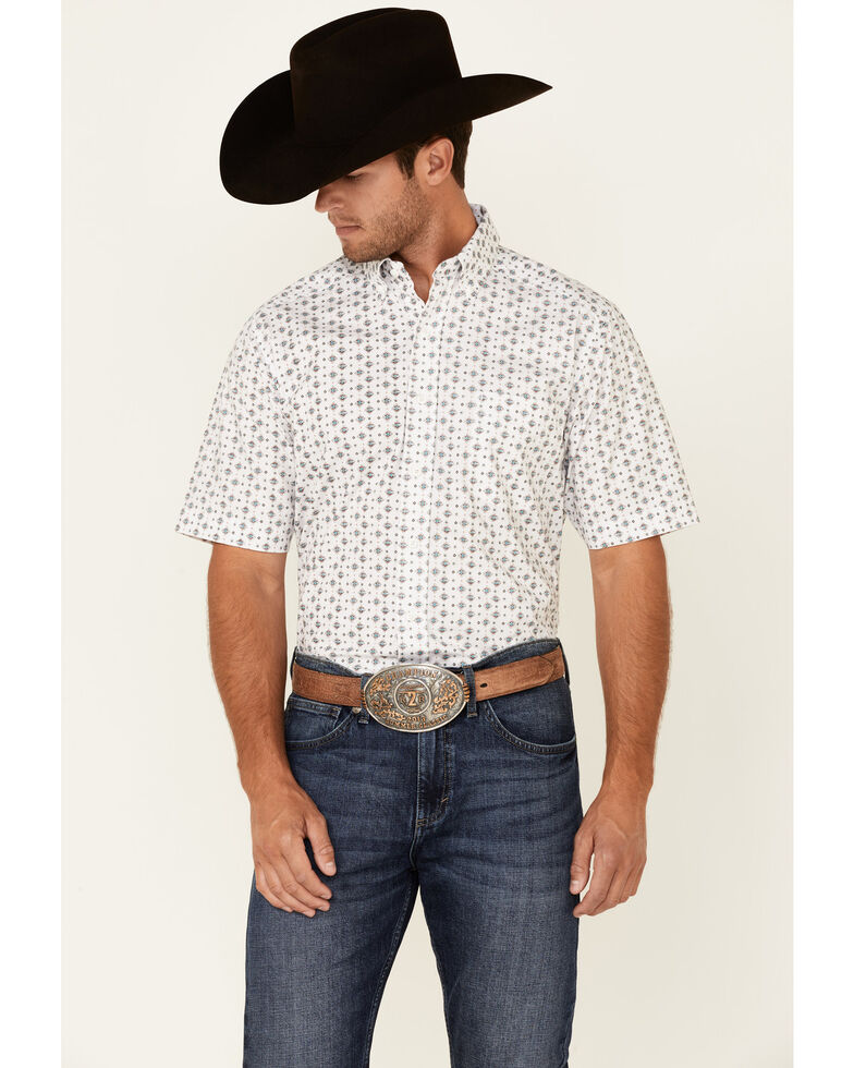 Panhandle Men's Geo Print Performance Short Sleeve Button-Down Western Shirt , Blue, hi-res
