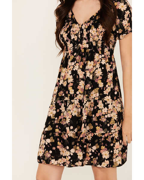 Image #3 - Angie Women's Floral Print Smocked Bodice Mini Dress, Black, hi-res