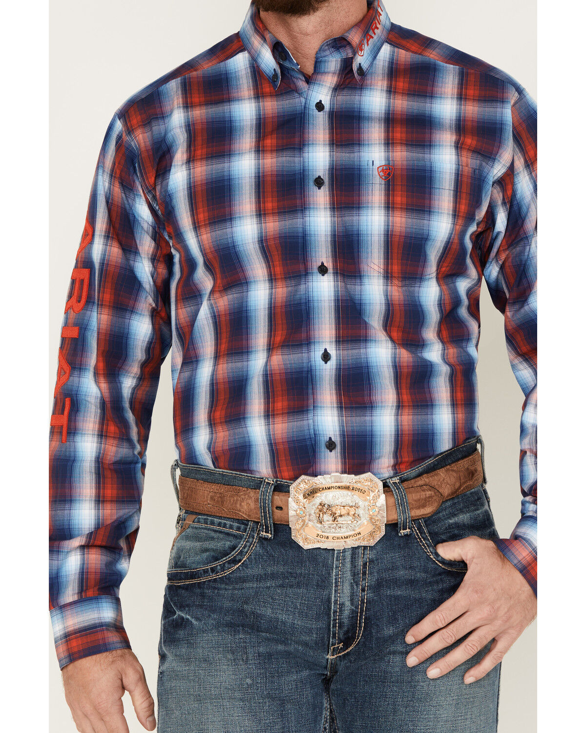 Image #3 - Ariat Men's Team Corey Large Plaid Embroidered Logo Long Sleeve Button-Down Shirt, Black, hi-res