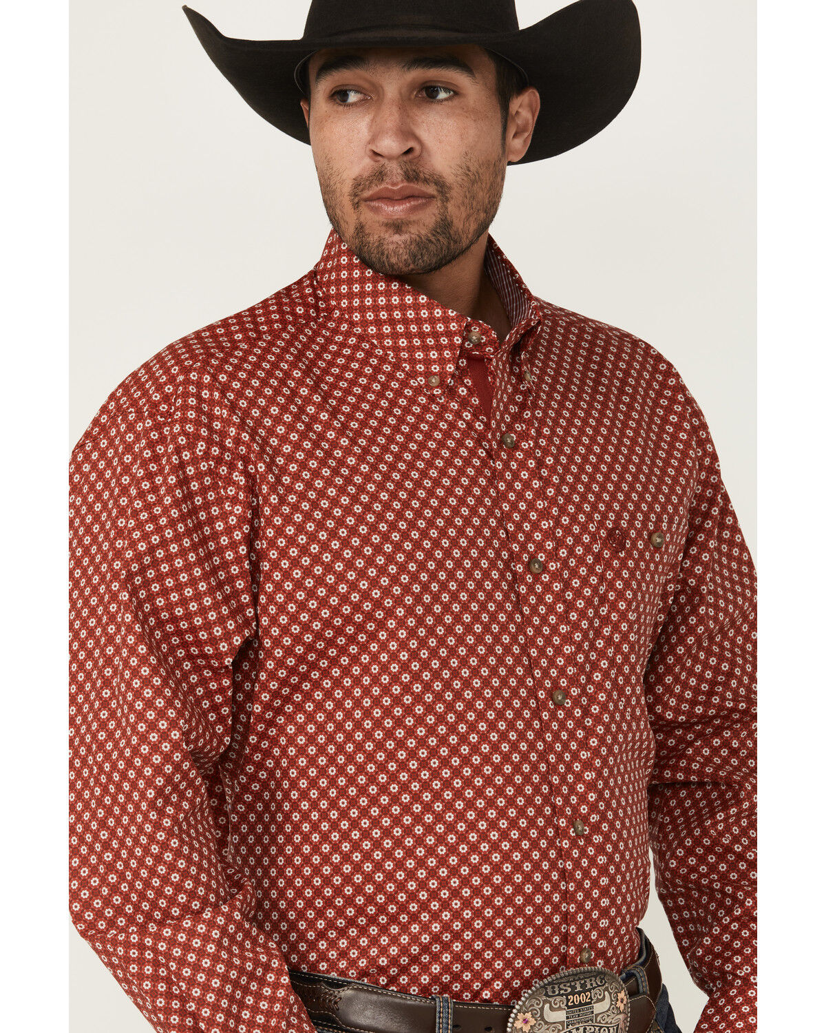 Image #2 - George Strait by Wrangler Men's Geo Print Long Sleeve Button-Down Stretch Western Shirt, Red, hi-res