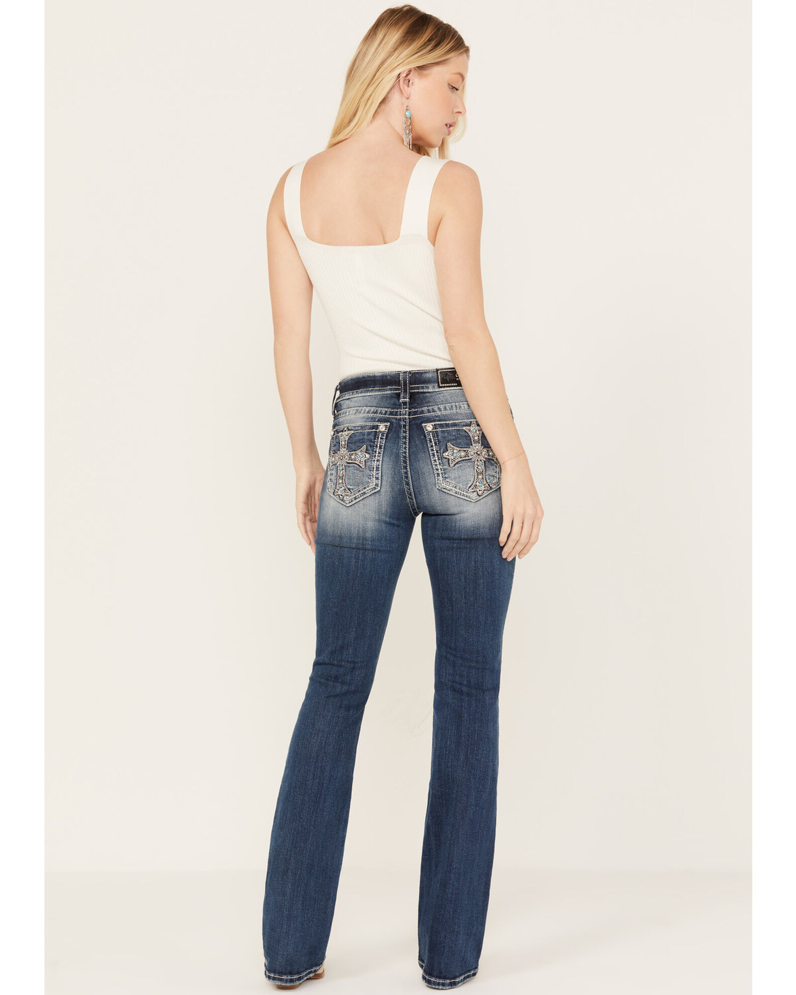 Miss Me Women s Dark Wash Lurex Embroidered Cross Non Flap Pocket