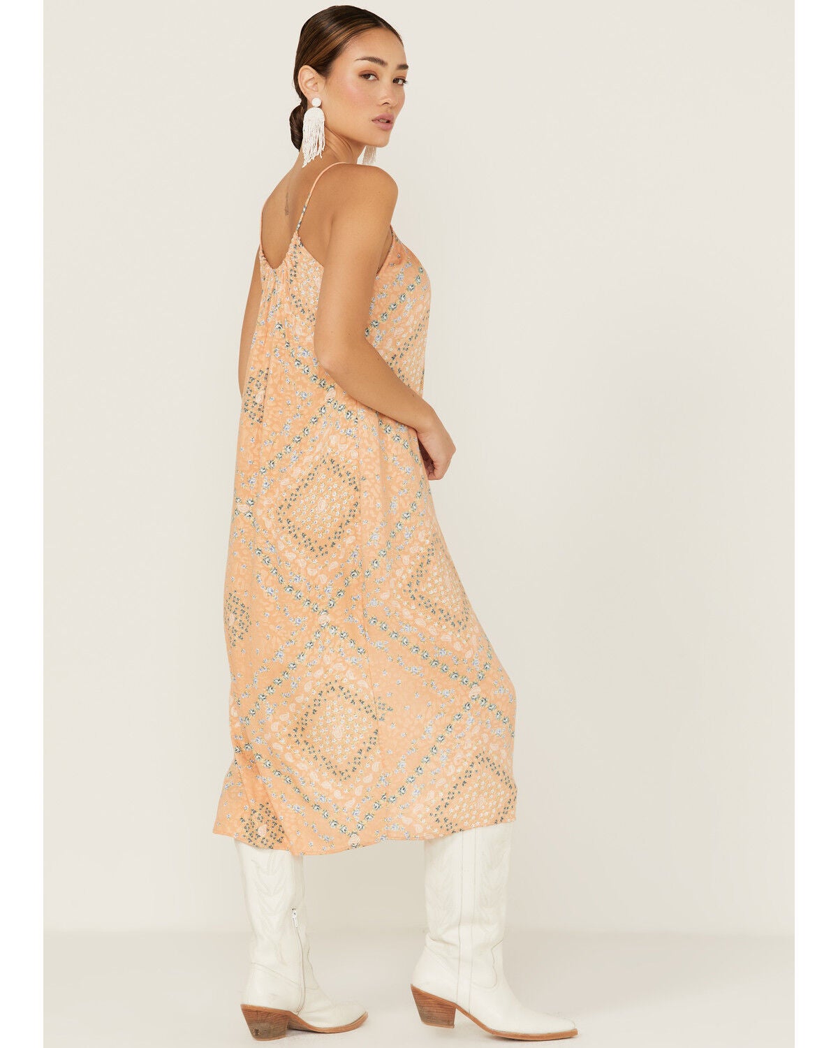 Image #3 - Wild Moss Women's Satin Printed Keyhole Slip Midi Dress, Orange, hi-res